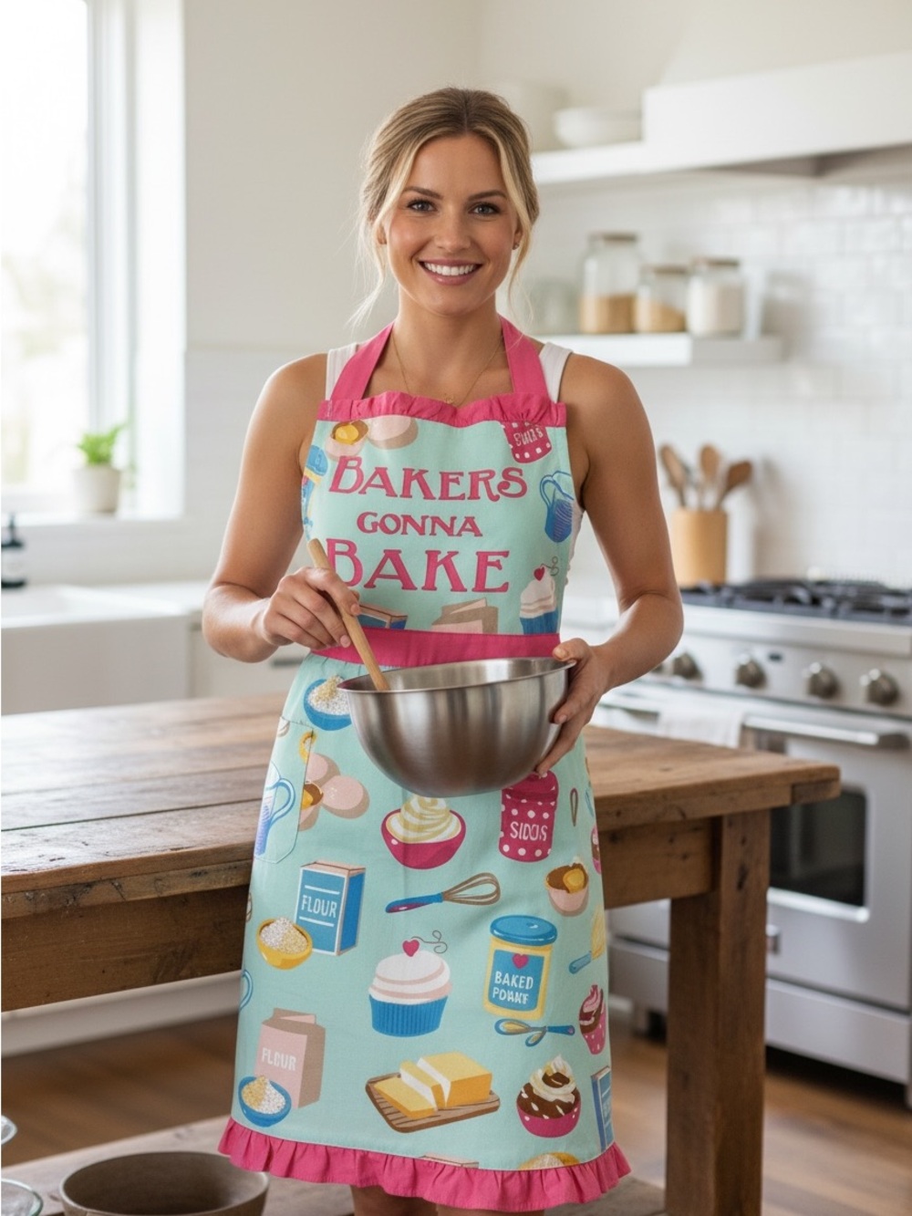 Retro Inspired Aqua and Pink Cotton Kitchen Apron